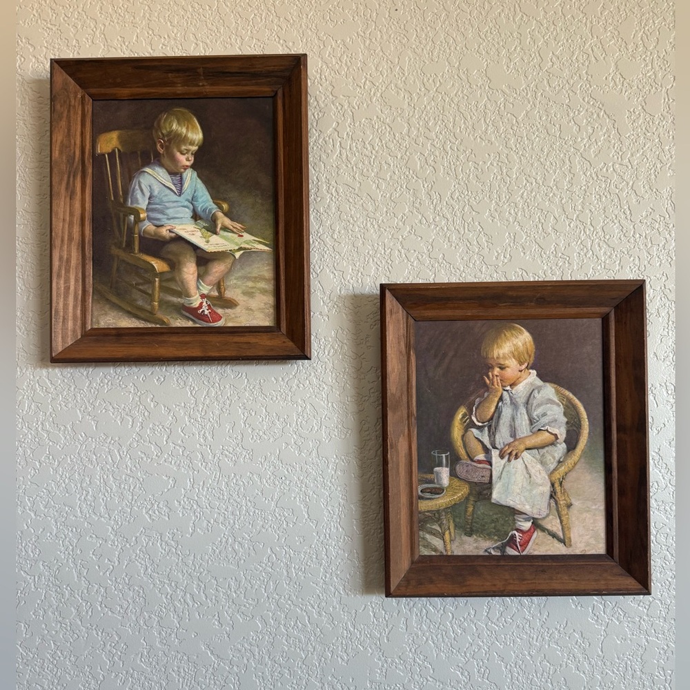 Vintage Framed Little Boy & Girl Wall Art